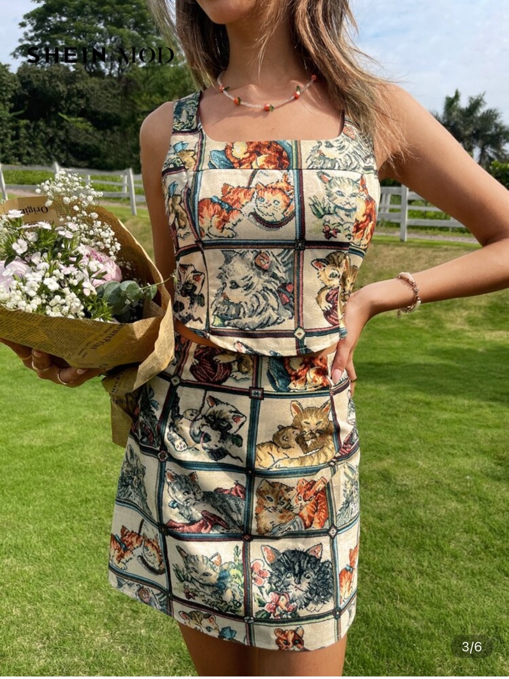Cat Print Square Neck A-Line Dress in Cream and Multi - Picture 14 of 15